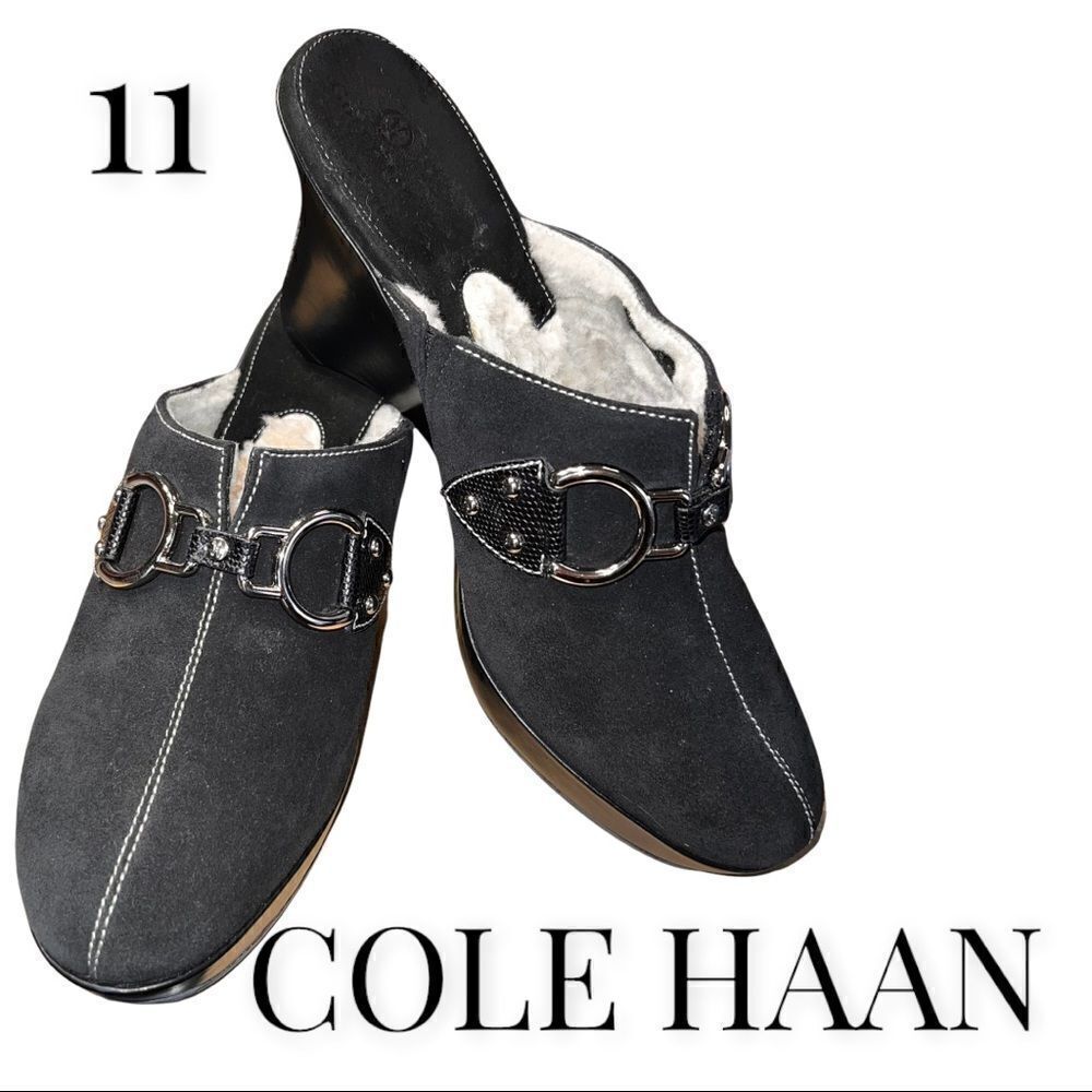 Cole Haan Women's Black Suede Shearling Lined Wedge Mules Size 11